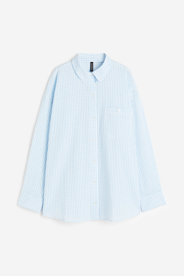 H&M Oversized Overhemdblouse Van Seersucker Lichtblauw/geruit