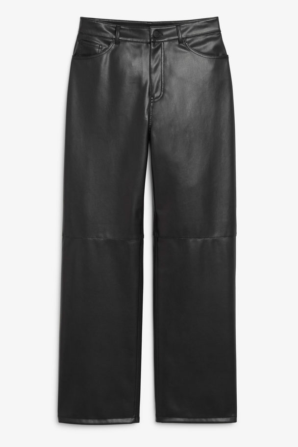 Monki Mid Waist Straight Leg Faux Leather Trousers Black Black