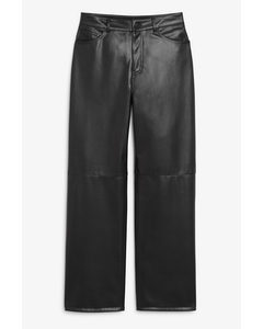 Mid Waist Straight Leg Faux Leather Trousers Black Black
