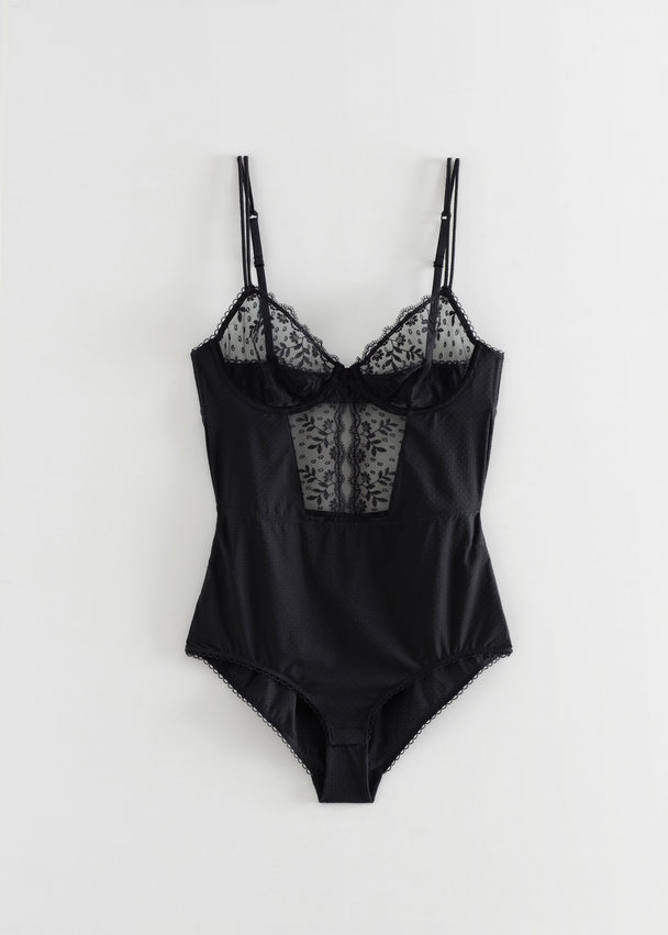 & Other Stories Embroidered Lace-trim Bodysuit Black