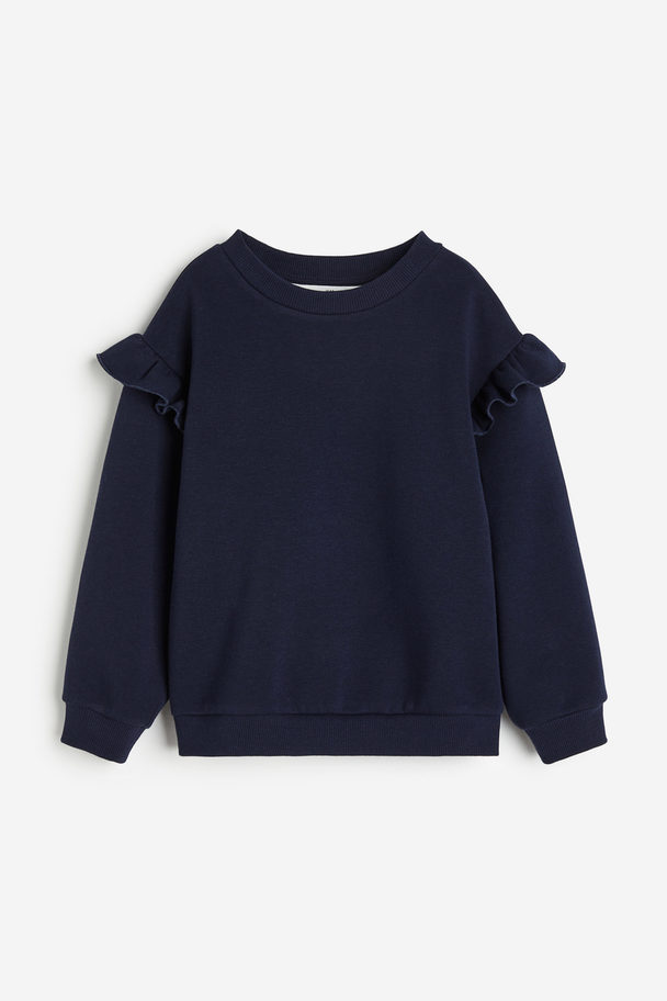 H&M Frill-trimmed Sweatshirt Navy Blue