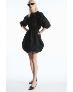 Open-back Shirred Balloon Mini Dress Black