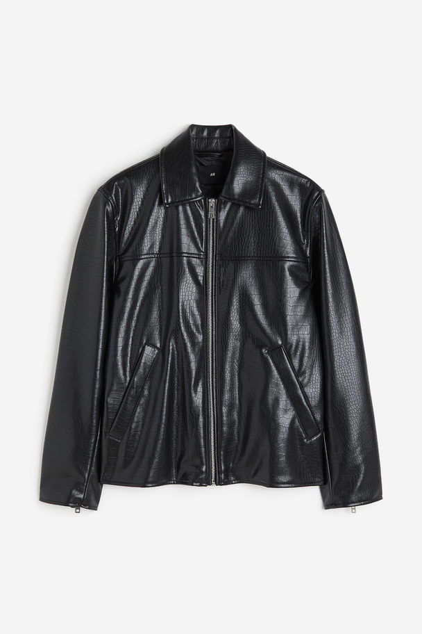 H&M Regular Fit Coated Jacket Black/crocodile-patterned