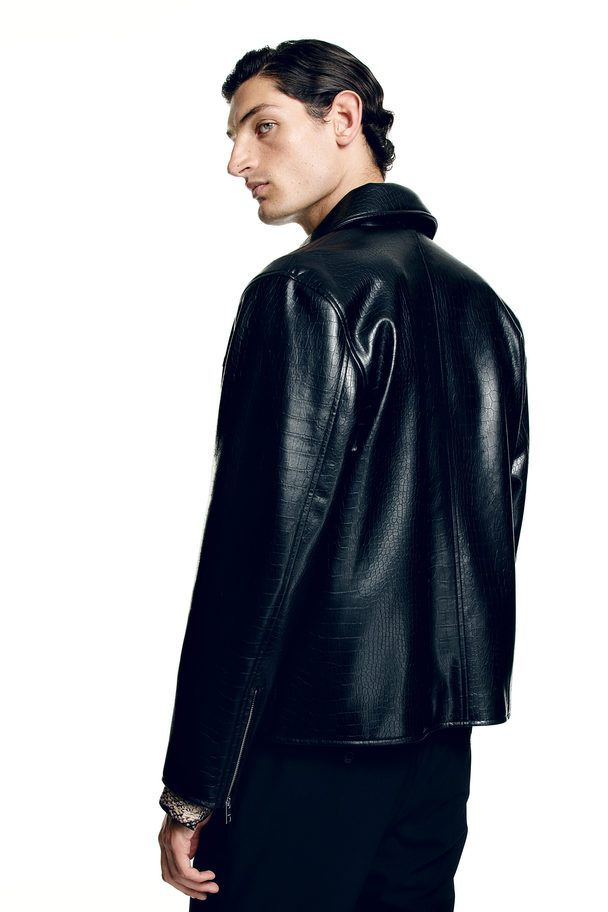 H&M Regular Fit Coated Jacket Black/crocodile-patterned