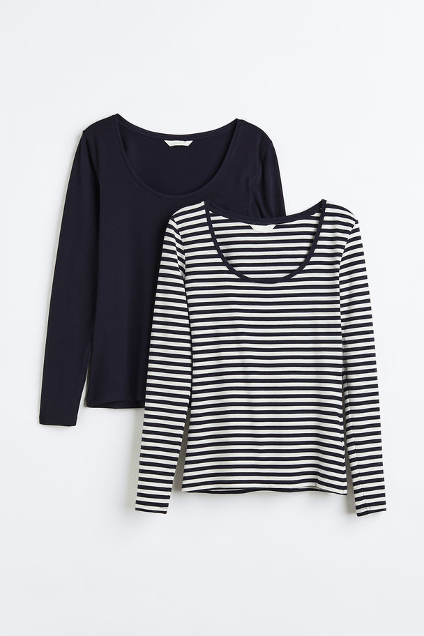 H&M 2-pack Jersey Tops Navy Blue/striped