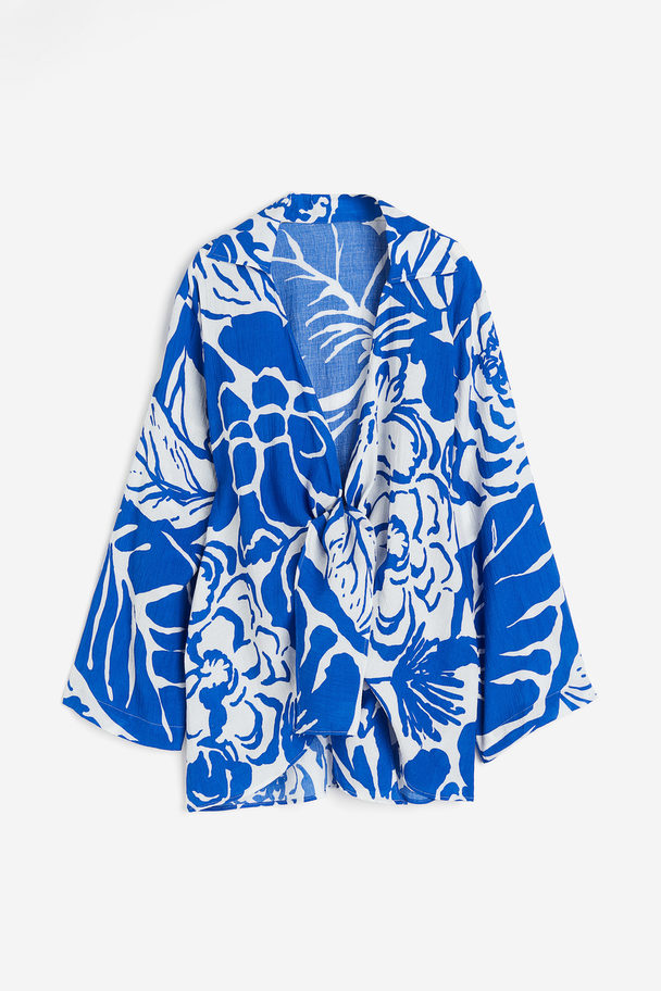 H&M Strandjurk Met Strikbanden Helderblauw/witte Bloemen