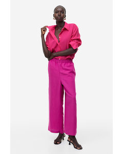 Cropped Linen-blend Trousers Fuchsia