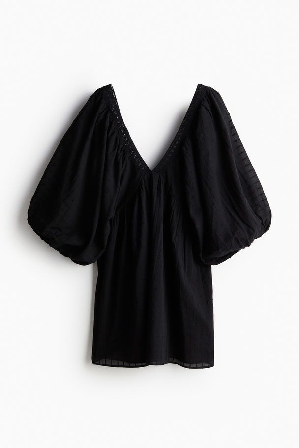 H&M Balloon-sleeved Cotton Dress Black