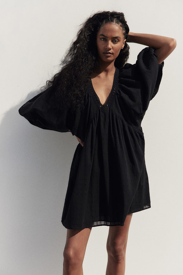 H&M Balloon-sleeved Cotton Dress Black