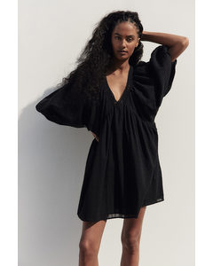 Balloon-sleeved Cotton Dress Black