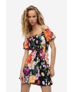 Off Shoulder-kjole I Smock Sort/store Blomster