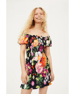 Off Shoulder-kjole I Vaffelsøm Sort/store Blomster