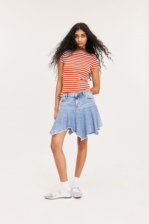 Monki Rib Fitted Boatneck T-shirt Red & White Stripes