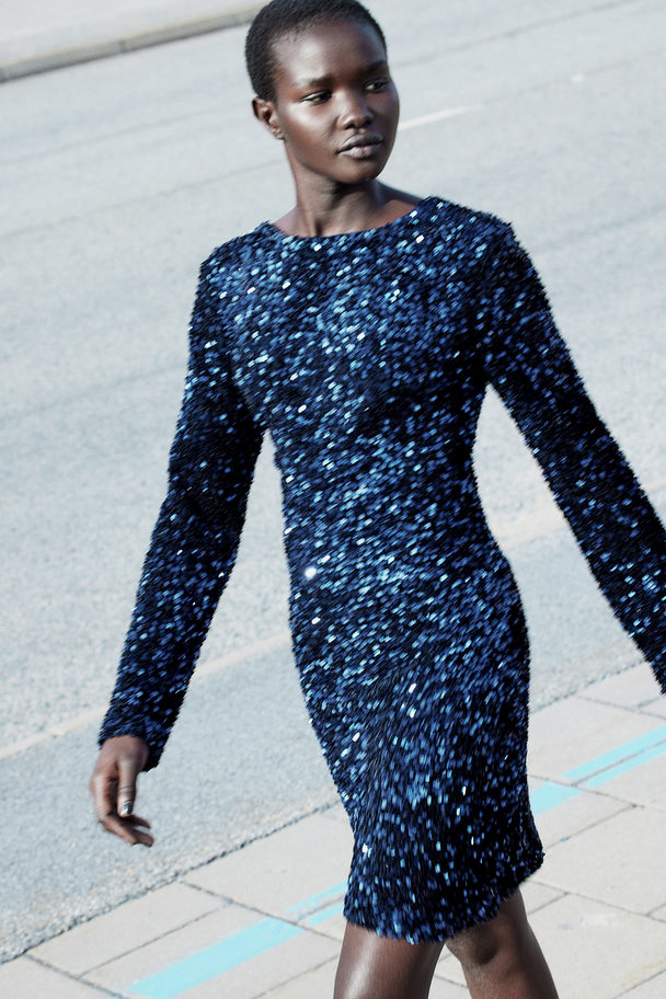 H&M Sequined Deep-back Dress Dark Blue