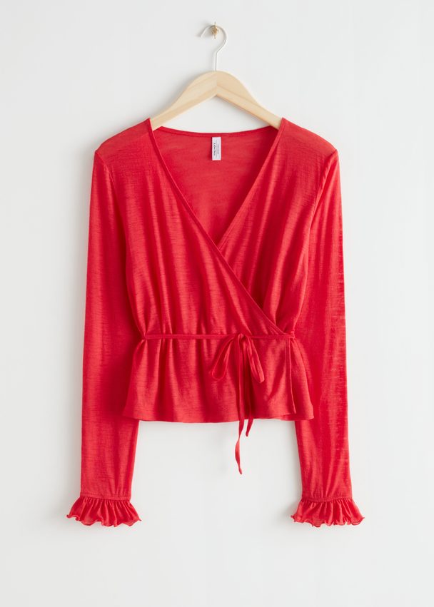 & Other Stories Ruffle Cuff Wrap Top Red