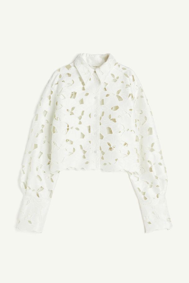 H&M Satijnen Overhemdblouse Met Broderie Anglaise Wit