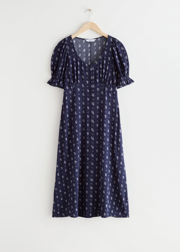 & Other Stories Printed Button Up Midi Dress Navy Print