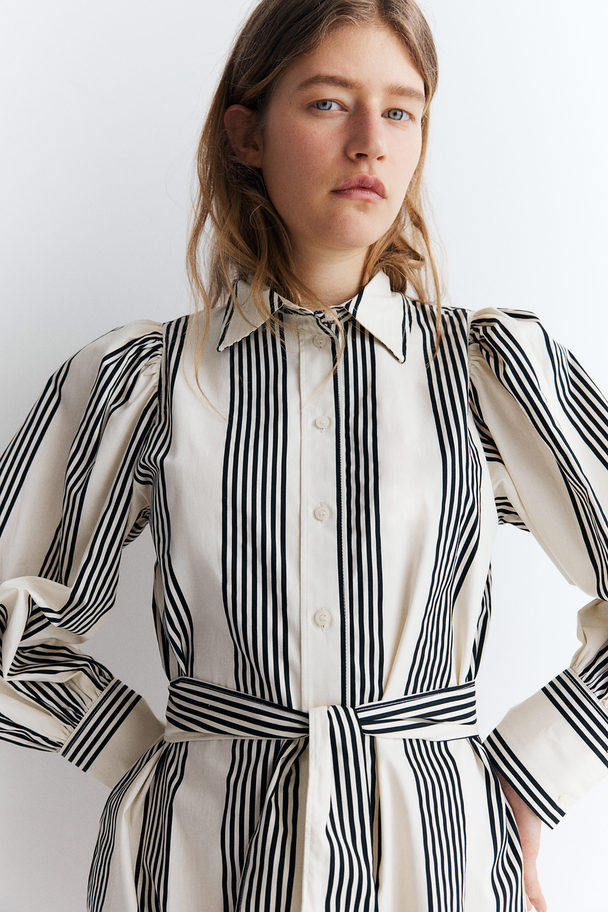 H&M Tie-belt Shirt Dress Cream/striped