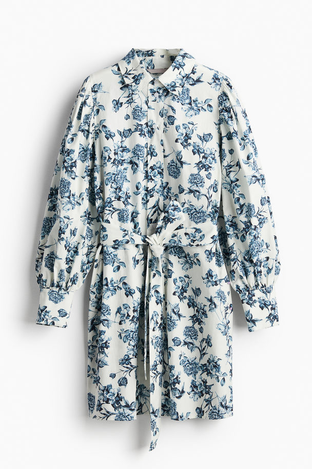 H&M Overhemdjurk Met Strikceintuur Wit/blauwe Bloemen