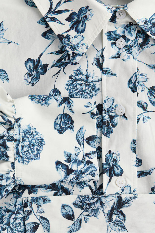 H&M Overhemdjurk Met Strikceintuur Wit/blauwe Bloemen