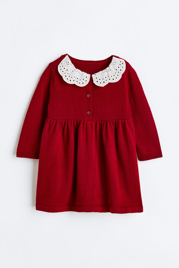H&M Knitted Dress Dark Red/white