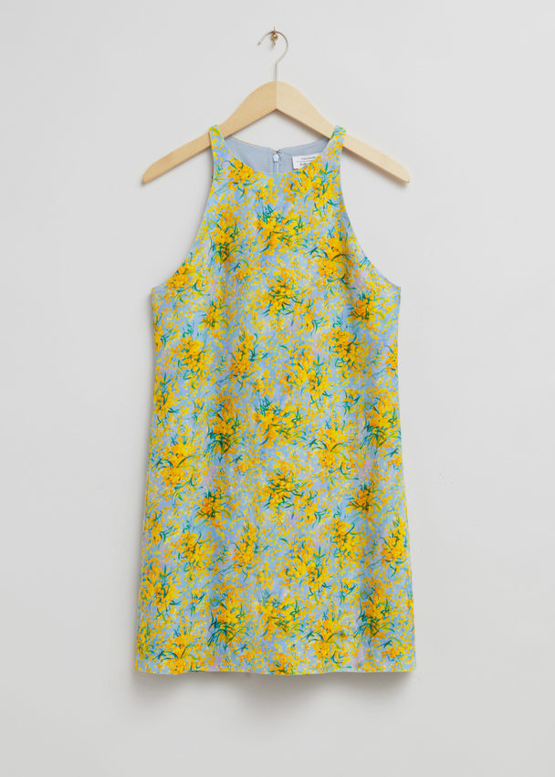 & Other Stories Linen A-line Dress Light Blue/yellow Floral Print