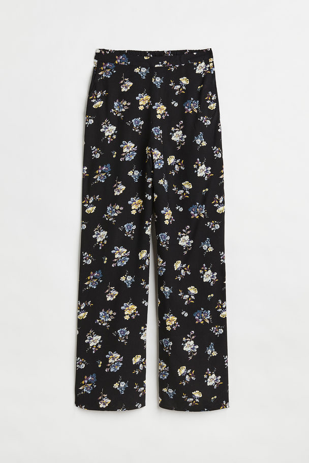 H&M Wide Trousers Black/small Flowers