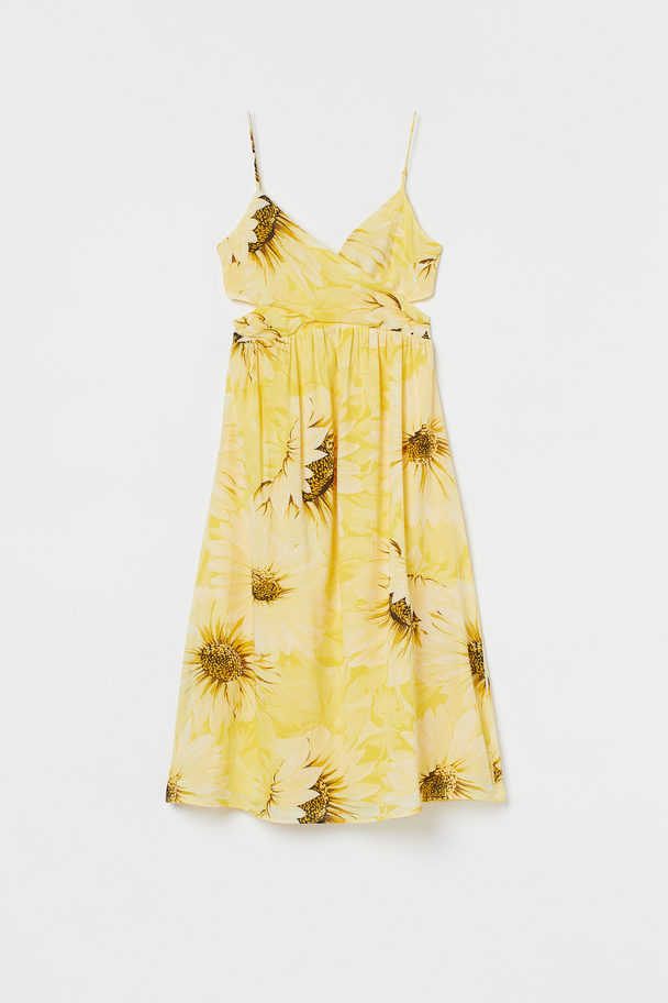 H&M Baumwollkleid mit V-Ausschnitt Hellgelb/Sonnenblumen
