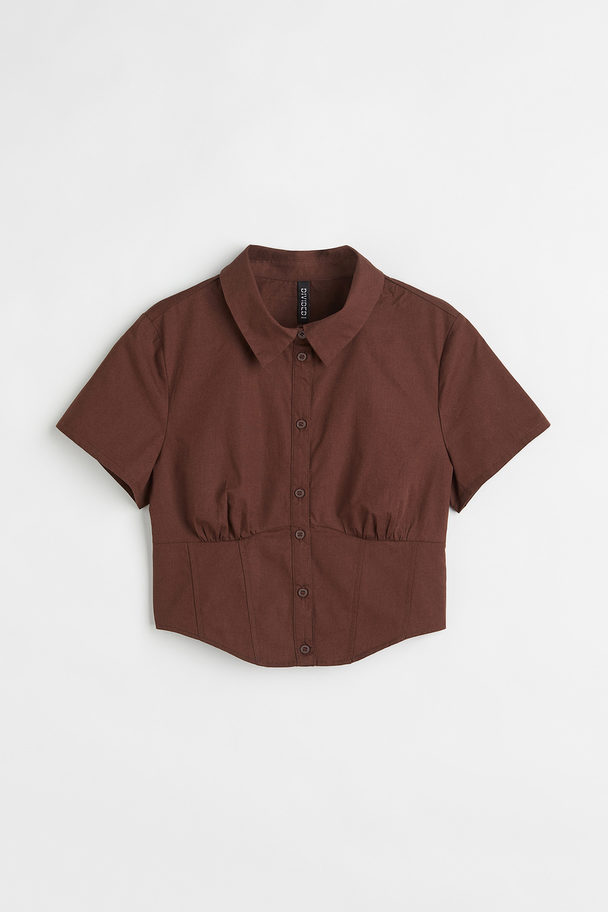 H&M Short-sleeved Cotton Shirt Brown