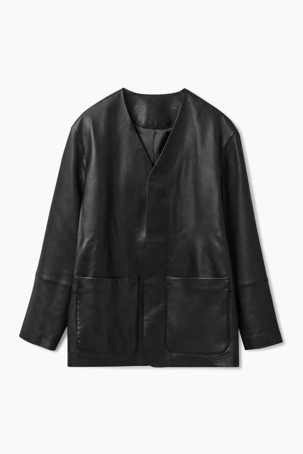 COS Relaxed-fit Collarless Leather Jacket Black