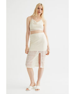Crochet-look Calf-length Skirt Cream