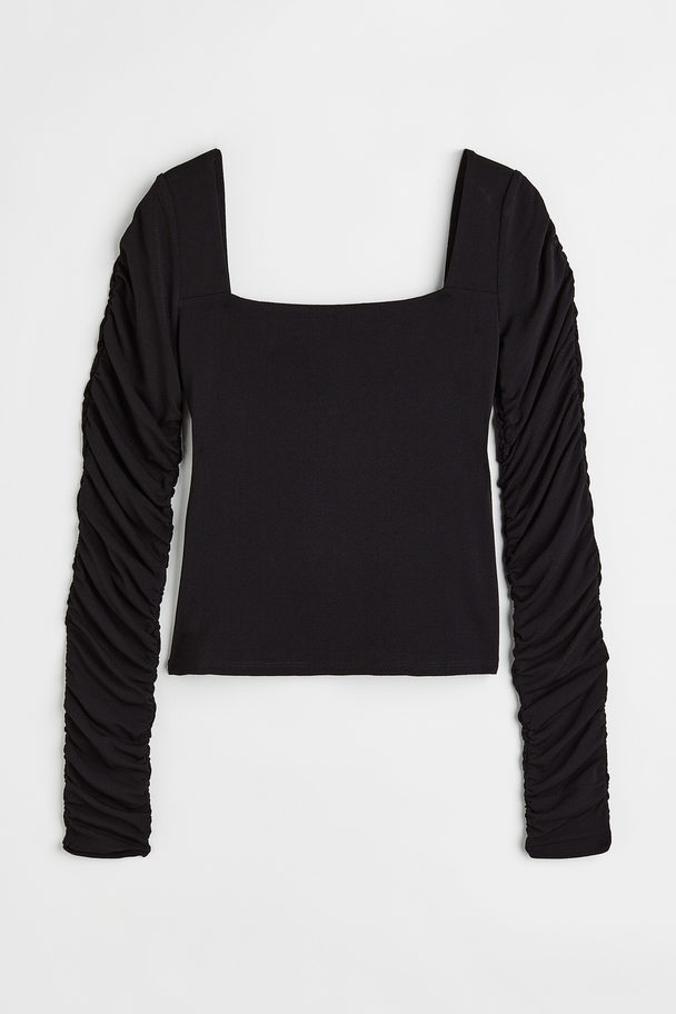 H&M Gathered-sleeve Jersey Top Black