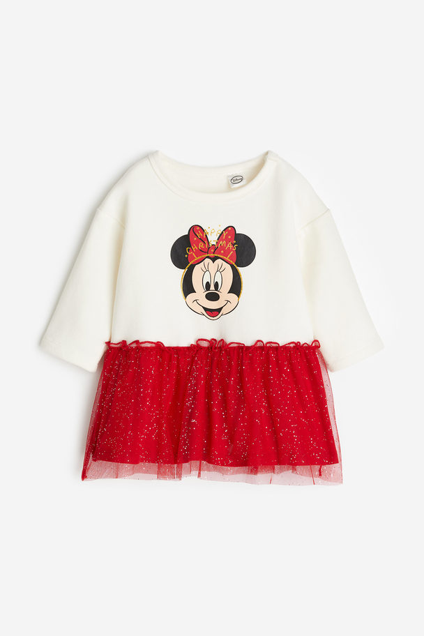 H&M Printed Tulle-skirt Dress White/minnie Mouse