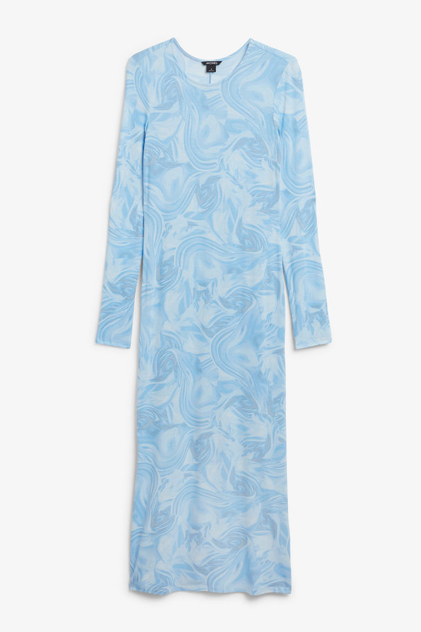 Monki Long Soft Bodycon Dress Light Blue Water Swirls