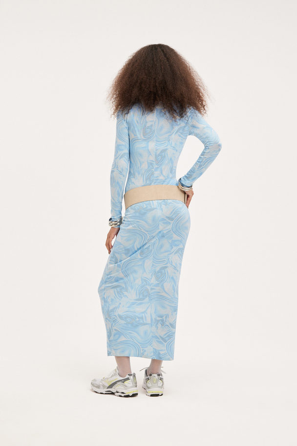 Monki Long Soft Bodycon Dress Light Blue Water Swirls