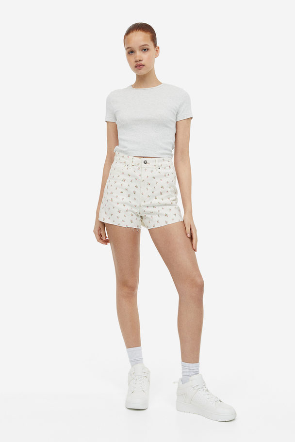 H&M High-waisted Twill Shorts Cream/floral