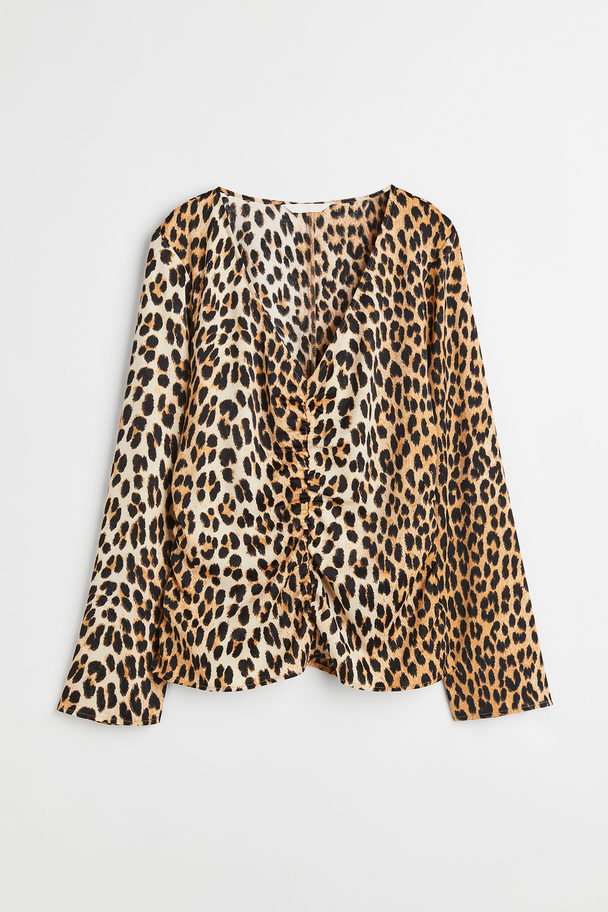 H&M Gathered Blouse Beige/leopard-print