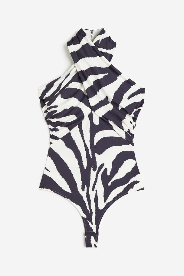 H&M Halterneck Thong Body Dark Grey/zebra Print