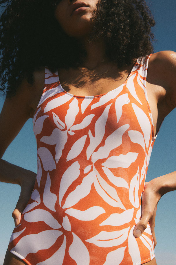 H&M Padded-cup High-leg Swimsuit Orange/patterned