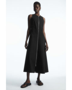 Flared Zip-up Midi Dress Black