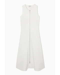 Flared Zip-up Midi Dress White