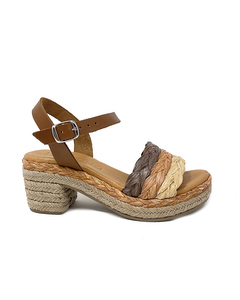 Brigid Heeled Sandals In Brown Leather And Jute With Braided Raffia Band