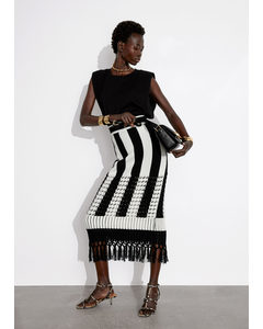 Fringed Knit Midi Skirt Black/white