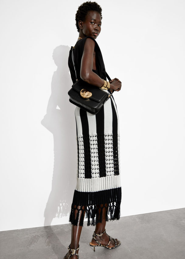 & Other Stories Fringed Knit Midi Skirt Black/white