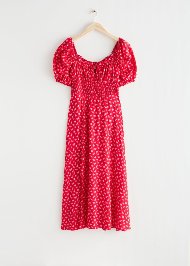 & Other Stories Gesmokte Midi-jurk Met Zijsplit Rode Gebloemd