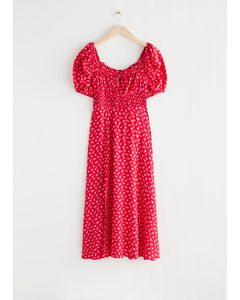 Gesmokte Midi-jurk Met Zijsplit Rode Gebloemd