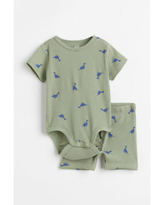 2-piece Bodysuit And Shorts Set Green/dinosaurs