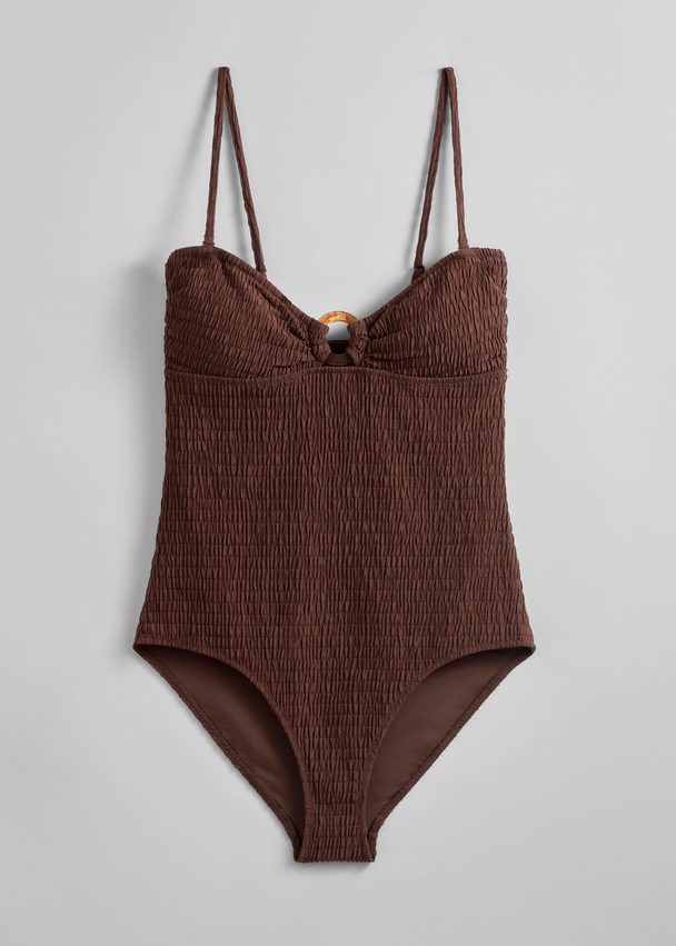 & Other Stories Smocked Bandeau Swimsuit Brown