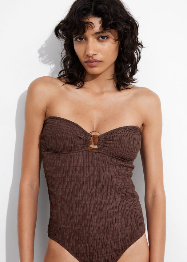 & Other Stories Smocked Bandeau Swimsuit Brown