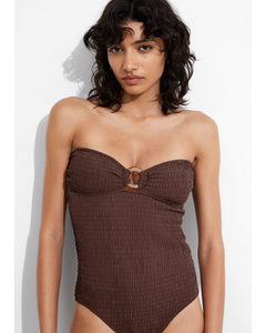 Smocked Bandeau Swimsuit Brown